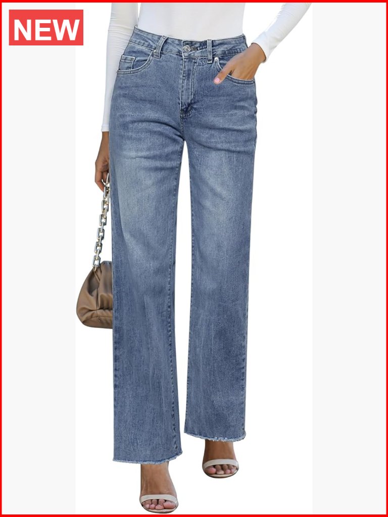 High Waisted Straight Leg Jeans Raw Hem Stretchy Denim